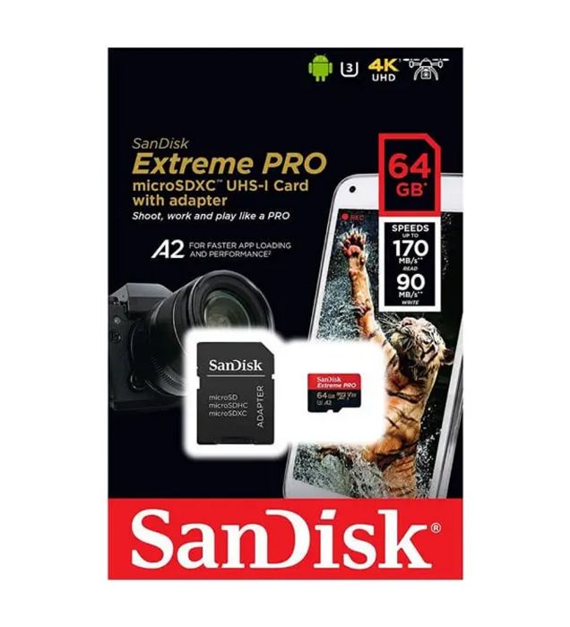 تصویر  کارت حافظه سن دیسک مدل Extreme pro سرعت 170 مگابایت بر ثانیه به همراه آداپتور ظرفیت 64 گیگابایت