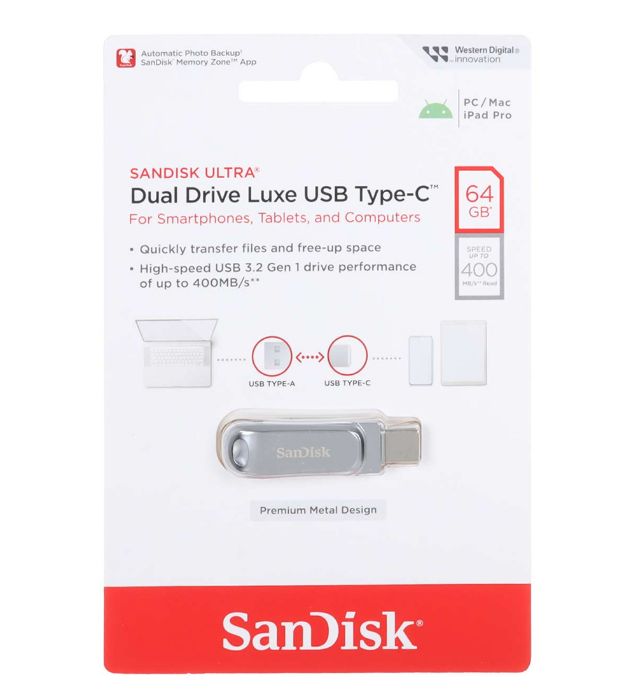 تصویر  فلش مموری سن دیسک مدل Ultra Dual Drive Luxe Type-C USB 3.2 ظرفیت 64 گیگابایت