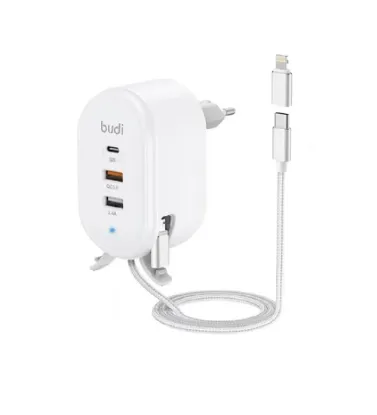 تصویر  شارژر دیواری بودی 30 وات مدل M8J312TE و کابل تبدیل USB-C به Micro USB / لایتنینگ