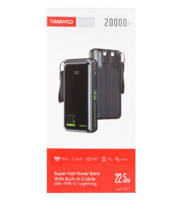 تصویر  پاوربانک ترانیو 22.5W مدل T-K17 ظرفیت 20000 میلی آمپر ساعت