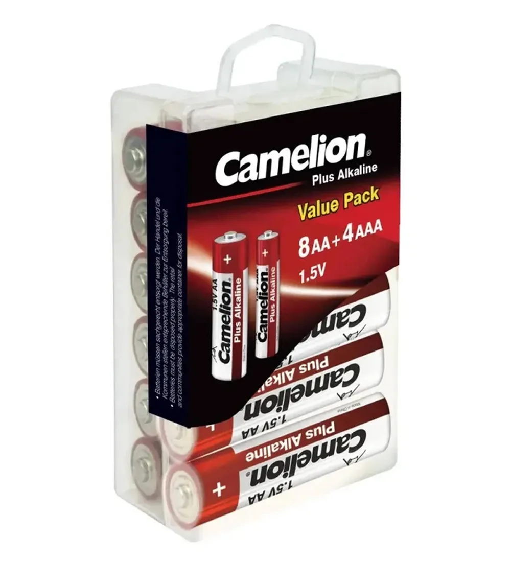 تصویر  باتری قلمی و نیم قلمی کملیون مدل پلاس آلکالاین میکس 8AA|4AAA بسته 12 عددی
