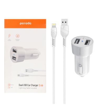 شارژر فندکی فست دو پورت پرودو مدل PD-M8J622L به همراه کابل شارژ لایتنینگ