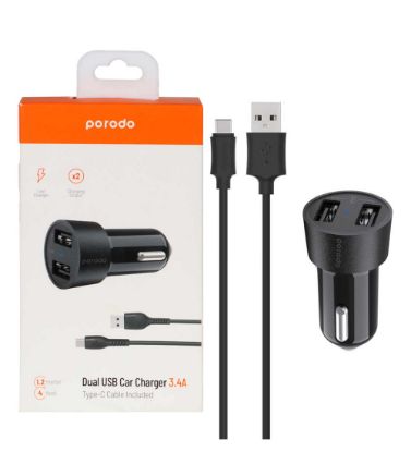 تصویر  شارژر فندکی فست دو پورت پرودو مدل PD-M8J622t به همراه کابل شارژ تایپ سی