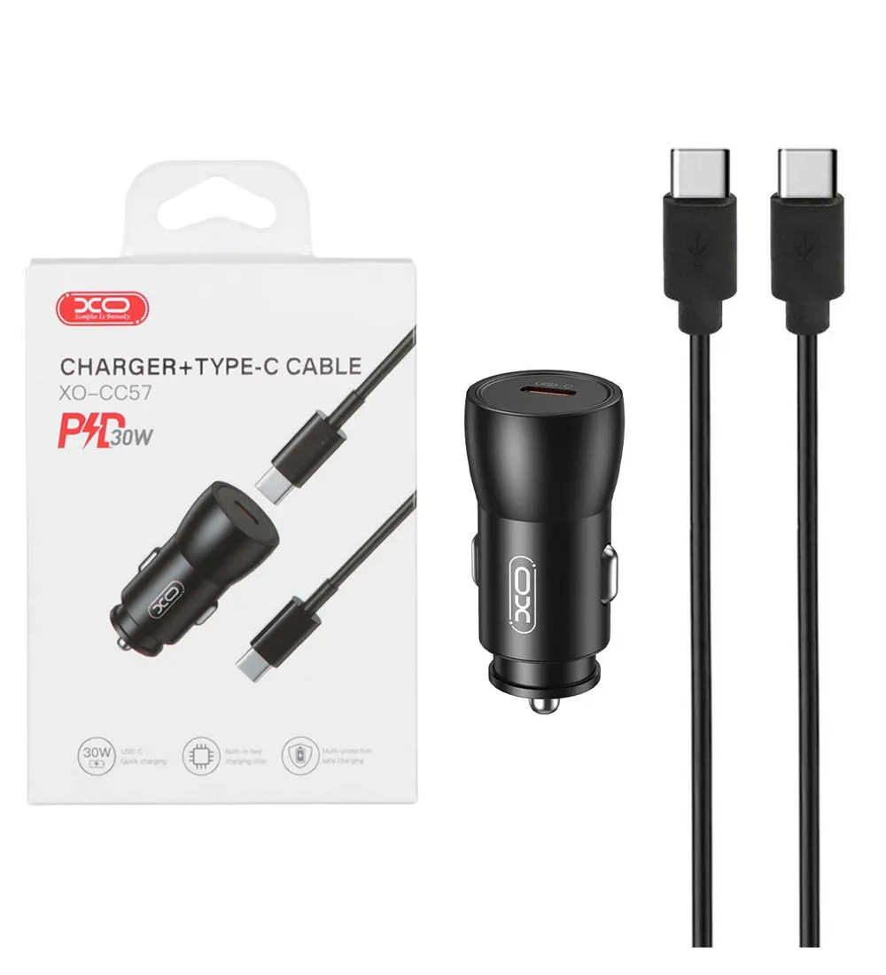 تصویر  شارژر فندکی 30W فست و PD تک پورت ایکس اُ مدل CC57 همراه با کابل Type-C به Type-C