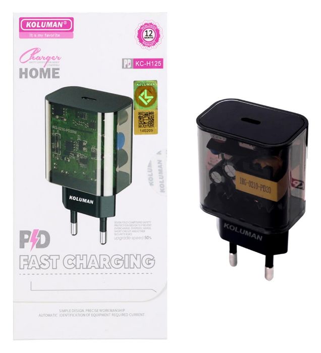 تصویر  شارژر دیواری 20W فست و PD تک پورت کلومن مدل KC-H125
