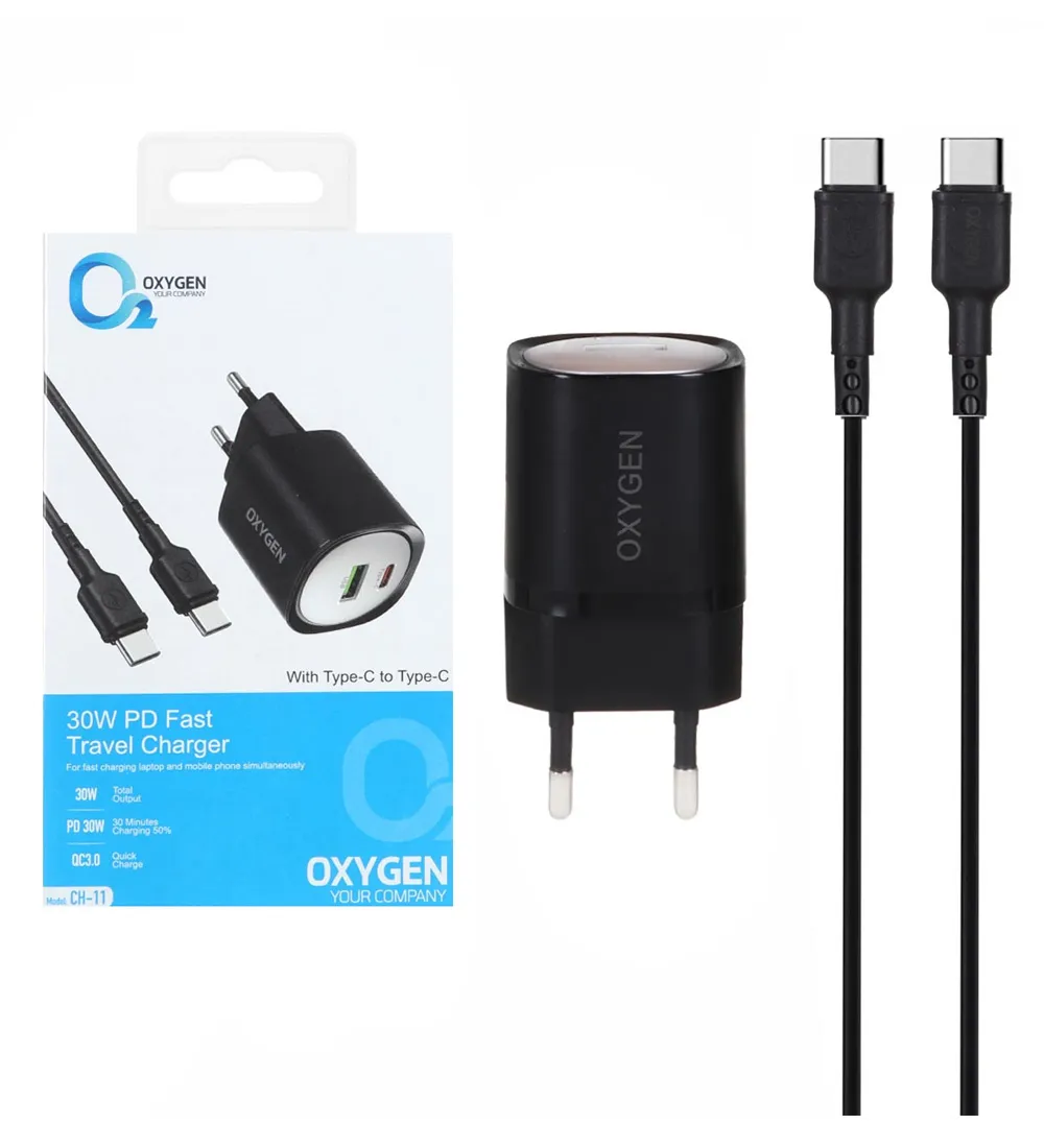 تصویر  شارژر دیواری 30W فست دو پورت اکسیژن مدل CH-11 به همراه کابل شارژ Type-C به Type-C
