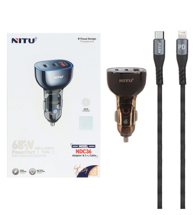 تصویر  شارژر فندکی 68W فست و PD سه پورت نیتو مدل NDC38 با کابل تایپ سی به لایتنینگ