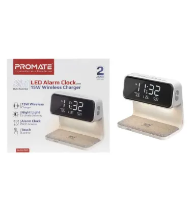 تصویر  شارژر وایرلس و ساعت دیجیتال پرومیت مدل Lumix-15W