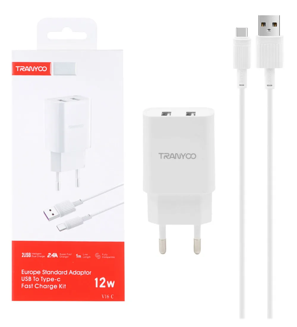 تصویر  شارژر دیواری 12W فست شارژ دو پورت TRANYOO مدل V16 به همراه کابل شارژ USB به Type-C