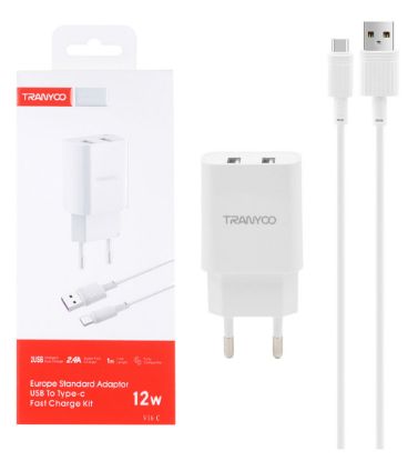 تصویر  شارژر دیواری 12W فست شارژ دو پورت TRANYOO مدل V16 به همراه کابل شارژ USB به Type-C