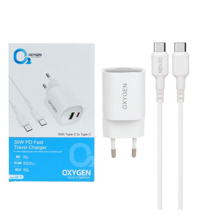 تصویر  شارژر دیواری 30W فست دو پورت اکسیژن مدل CH-11 به همراه کابل شارژ Type-C به Type-C