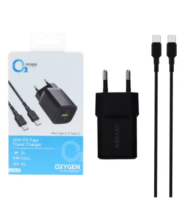 تصویر  شارژر دیواری 30W فست دو پورت اکسیژن مدل CH-10 به همراه کابل شارژ Type-C به Type-C