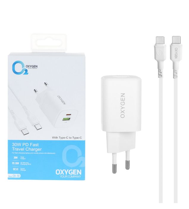 تصویر  شارژر دیواری 30W فست دو پورت اکسیژن مدل CH-10 به همراه کابل شارژ Type-C به Type-C