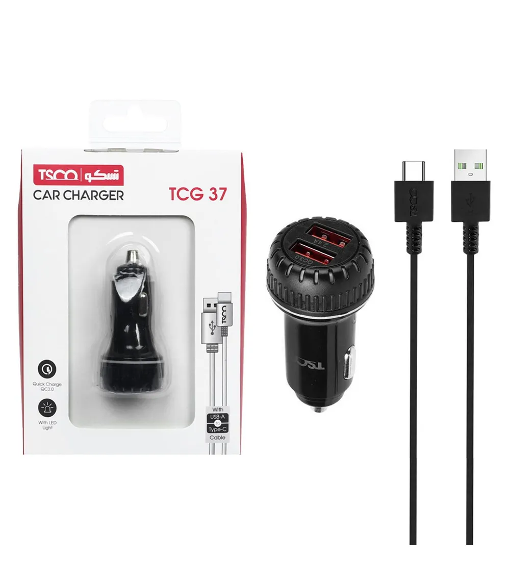 تصویر  شارژر فندکی 30W فست دو پورت تسکو مدل TCG 37 به همراه کابل شارژ  USB به Type-C