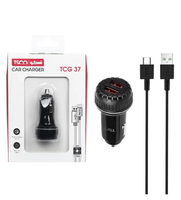 تصویر  شارژر فندکی 30W فست دو پورت تسکو مدل TCG 37 به همراه کابل شارژ  USB به Type-C