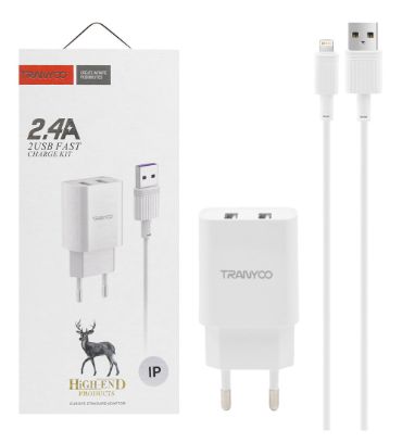 شارژر دیواری 12W فست شارژ دو پورت ترانیو مدل V16 به همراه کابل شارژ USB به Lightning