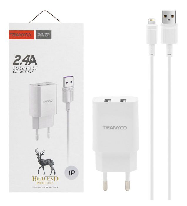 تصویر  شارژر دیواری 12W فست شارژ دو پورت ترانیو مدل V16 به همراه کابل شارژ USB به Lightning