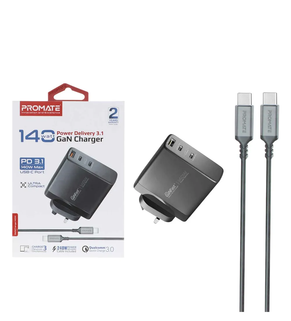 تصویر  شارژر دیواری 140W فست و PD سه پورت پرومیت مدل GaN Charge به همراه کابل شارژ Type-C به Type-C