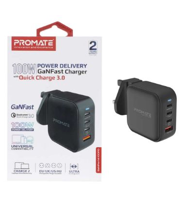 تصویر  شارژر دیواری 100W فست و PD چهار پورت پرومیت مدل GaNPort4-100PD.Multi Plug