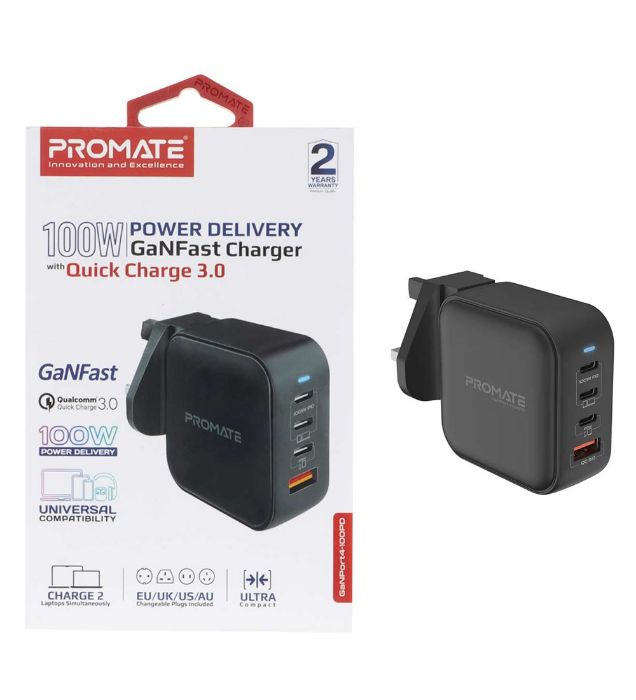 تصویر  شارژر دیواری 100W فست و PD چهار پورت پرومیت مدل GaNPort4-100PD.Multi Plug