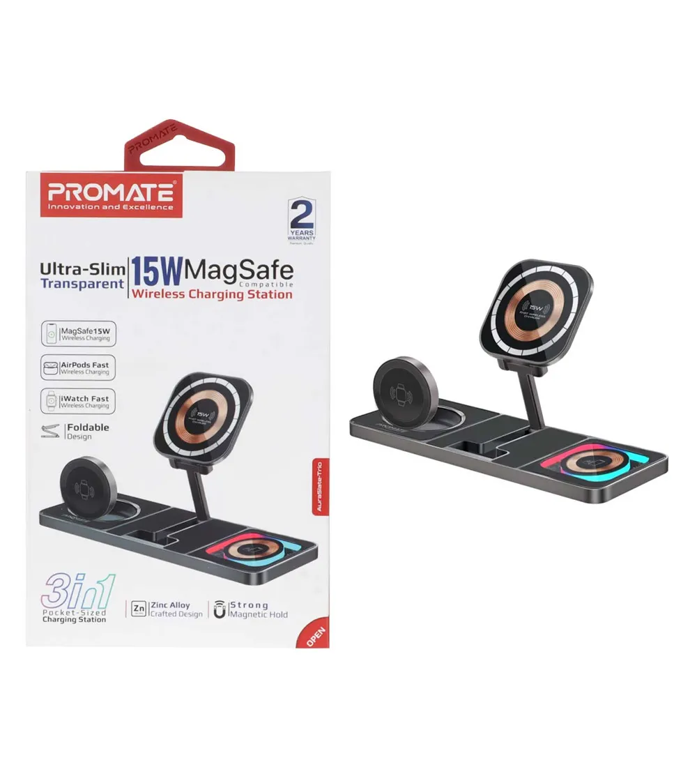 تصویر  شارژر وایرلس سه کاره پرومیت مدل AuraSlate-Trio