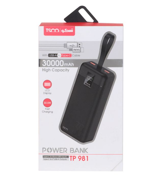 تصویر  پاور بانک تسکو 22.5W مدل TP 981 ظرفیت 30000 میلی آمپر ساعت