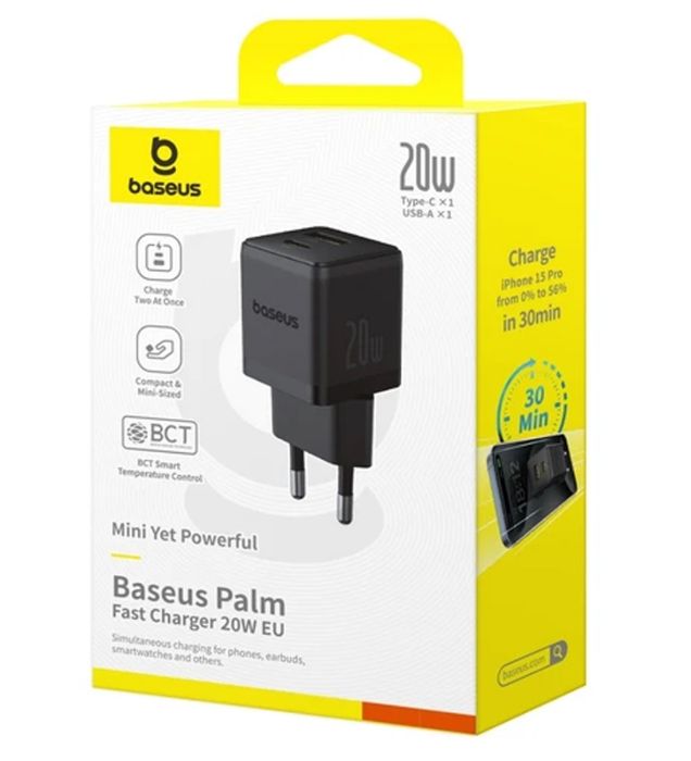 تصویر  شارژر دیواری 20W باسئوس دو پورت مدل Palm Fast Charger C+U 20W EU