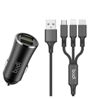 تصویر  شارژر فندکی 12W بودی مدل CC627T3B با 2 خروجی USB به همراه کابل USB-C