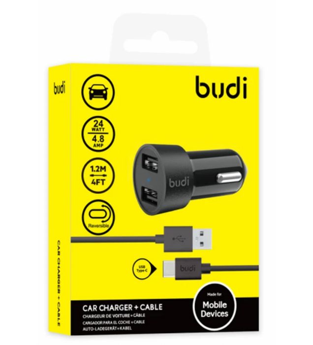 تصویر  شارژر فندکی 24W بودی مدل M8J622TB با 2 خروجی USB به همراه کابل USB به USB-C