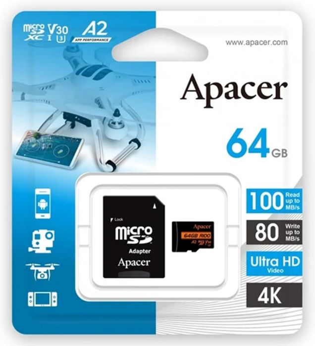 تصویر  کارت حافظه میکرو اس دی اپیسر مدل MicroSD XC CL10 U3 UHS l V30 A2 W/1 100/80 به همراه آداپتور ظرفیت 64 گیگابایت