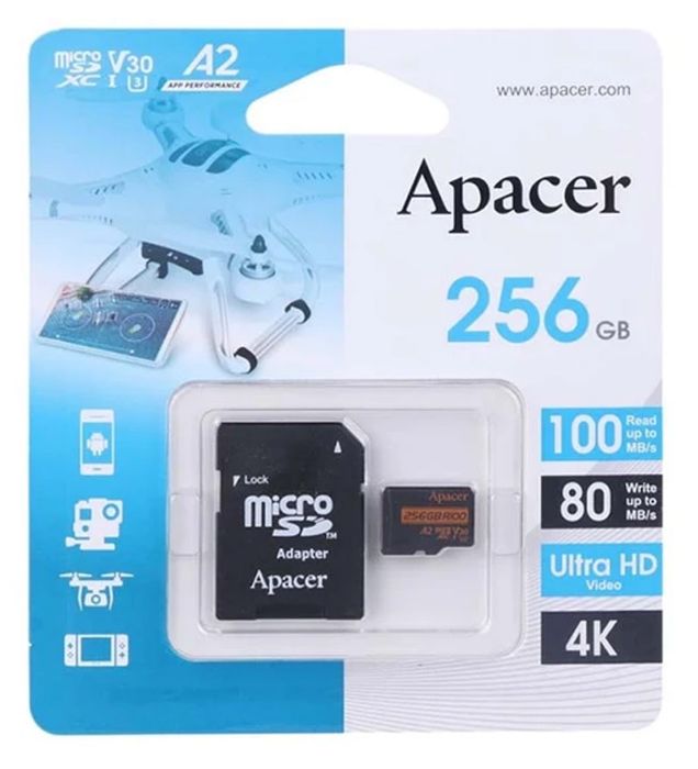 تصویر  کارت حافظه میکرو اس دی اپیسر مدل MicroSD XC CL10 U3 UHS l V30 A2 W/1 100/80 به همراه آداپتور ظرفیت 256 گیگابایت