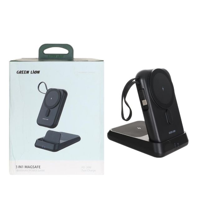 تصویر  پاوربانک سه کاره 20W مگ سیف گرین لاین مدل GN3N1MGPB10BK ظرفیت 10000 میلی آمپر ساعت