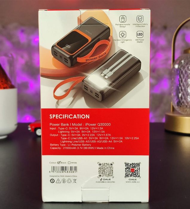 تصویر  پاوربانک 22.5W او آلی مدل Q30000 ظرفیت 27000 میلی آمپر ساعت