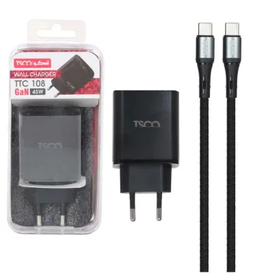 تصویر شارژر دیواری 45W فست و PD دو پورت تسکو مدل TTC 108 با کابل شارژ تایپ سی به تایپ سی