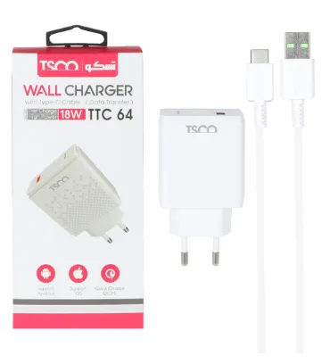 تصویر  شارژر دیواری 18W فست تک پورت تسکو مدل TTC 64 با کابل شارژ یو اس بی به تایپ سی
