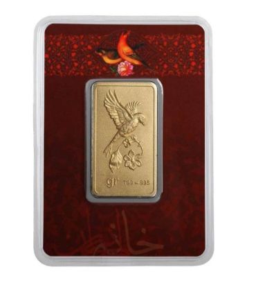 شمش طلا 24 عیار 0.9 گرم خانه سکه ایران مدل نقش برجسته گل و بلبل