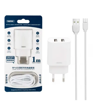 تصویر  شارژر دیواری دو پورت ریمکس 10 وات مدل RP-U35 به همراه کابل شارژ میکرو یو اس بی