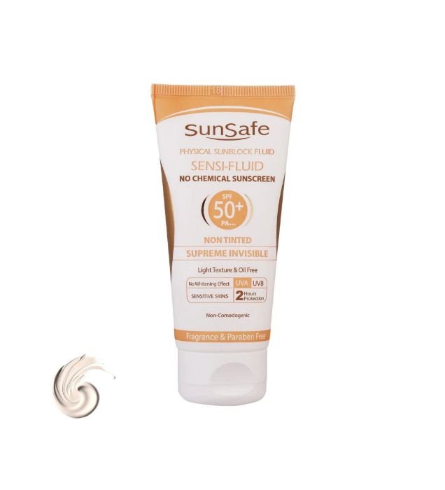 کرم ضدآفتاب بی رنگ سان سیف با 50 SPF مدل Sensi Fluid مناسب پوست حساس 50 میلی لیتر نمای ۲